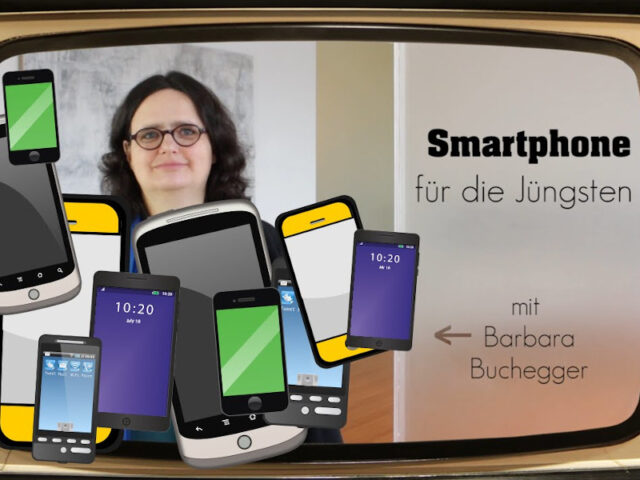Screenshot von Barbara Buchegger mit vielen Smartphones vor ihr. Der Text Smartphone für die Jüngsten steht auf der rechten Seite